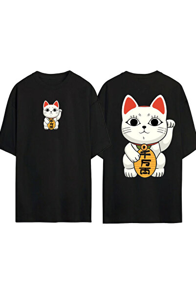 urbvn تي شيرت كوري كات 1 تصميم مطبوع أسود قصة فضفاضة