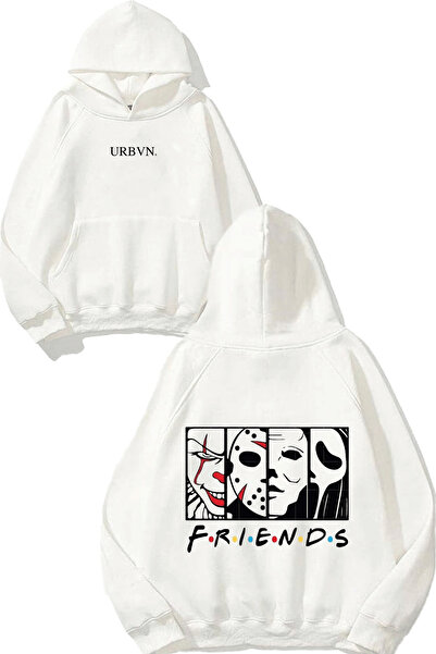 urbvn تصميم أصدقاء هورور فيسز مطبوع قصة فضفاضة سويت شيرت أبيض بغطاء رأس