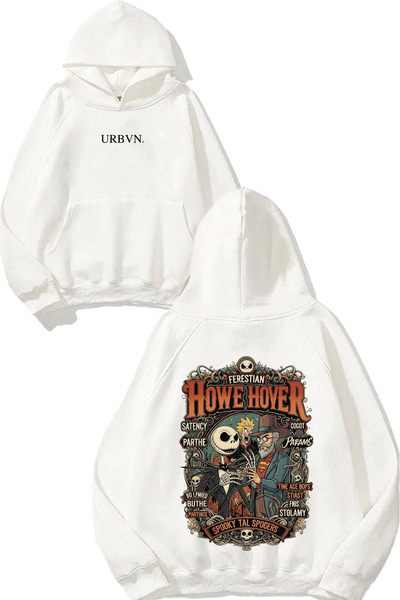 urbvn تصميم هويهوفر مطبوع قصة فضفاضة سويت شيرت أبيض بغطاء رأس