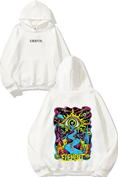 urbvn Element Design Printed Oversized White Hooded Sweatshirt