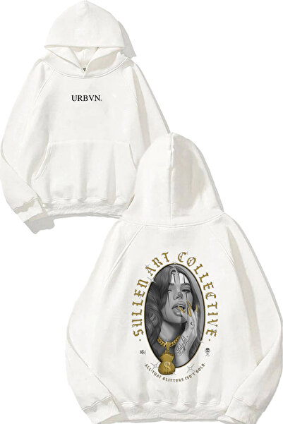 urbvn سولين آرت ديزاين مطبوع قصة فضفاضة سويت شيرت أبيض بغطاء رأس