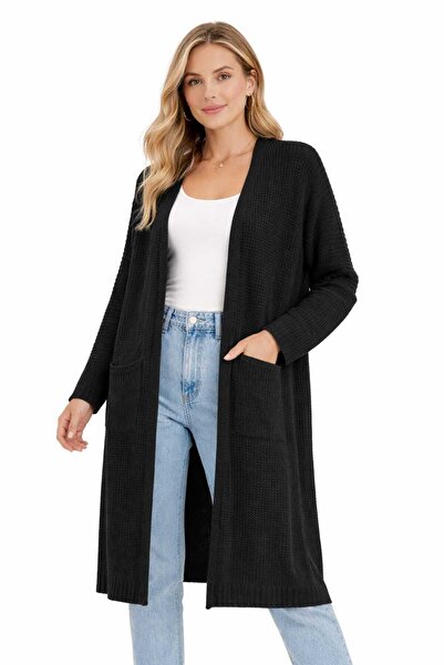 DM DİLAN MODA Women's Black Color Standard Size Double Pocket Sleeve Foldable Selanik Knitted Long Cardigan