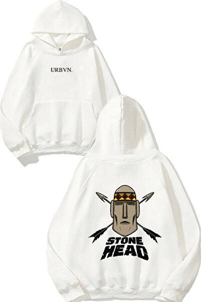 urbvn سترة ستون هيد ديزاين مطبوع قصة فضفاضة بيضاء بغطاء رأس