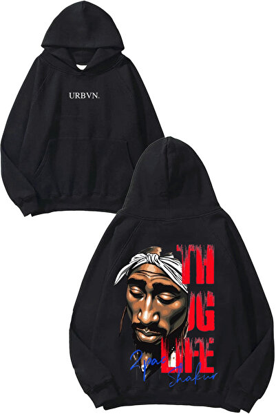 urbvn 2pac Thug Life Design مطبوع قصة فضفاضة سترة سوداء بغطاء رأس
