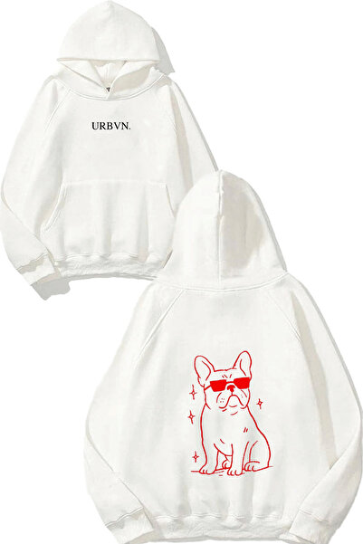 urbvn سويت شيرت فرنسي بولدوج بتصميم أحمر مطبوع قصة فضفاضة أبيض بغطاء رأس