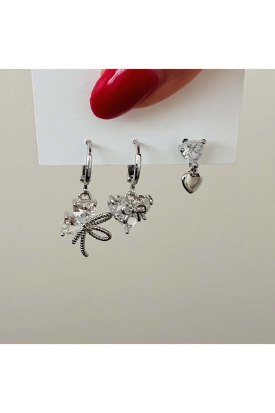 ACAR TAKI 3-Piece Bow and Heart Earring Set-Silver Color Acr7691