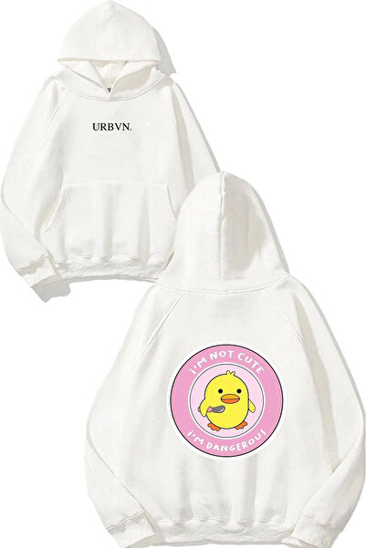 urbvn سويت شيرت لطيف بتصميم خطير مطبوع قصة فضفاضة أبيض بغطاء رأس