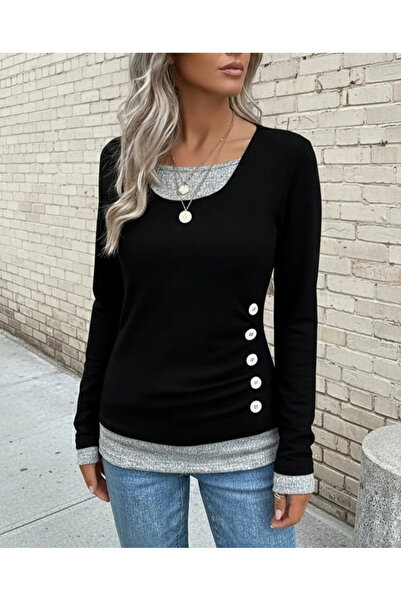 nedo7    Women's Long Sleeve Round Neck Colorblock Side Button Viscose Blouse