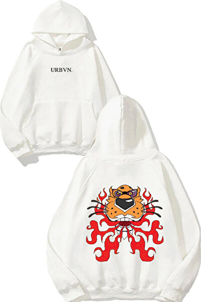 urbvn سويت شيرت فليم تايجر ديزاين مطبوع قصة فضفاضة أبيض بغطاء رأس