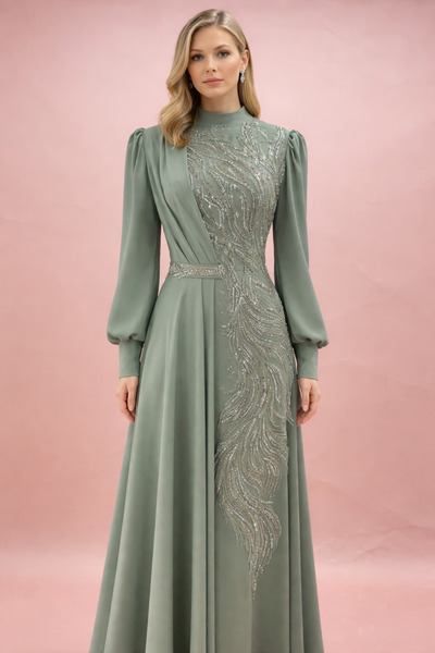 Hüseyin Baştürk Vizon Taş İşlemeli Drapeli Tesettür Abiye