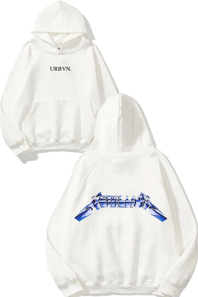 urbvn سويت شيرت ميتاليكا بلو ديزاين مطبوع قصة فضفاضة أبيض بغطاء رأس