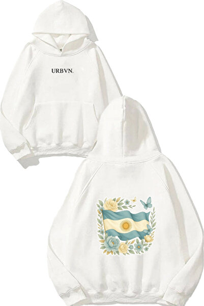 urbvn تصميم العلم مطبوع قصة فضفاضة سويت شيرت أبيض بغطاء رأس