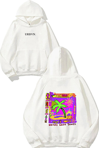 urbvn هواز ديزاين مطبوع قصة فضفاضة سويت شيرت أبيض بغطاء رأس