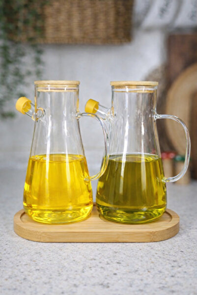 Durina Living Ahşap Standlı 2’li Bambu Kapaklı Cam Yağdanlık 900 ml – Zeytiny...