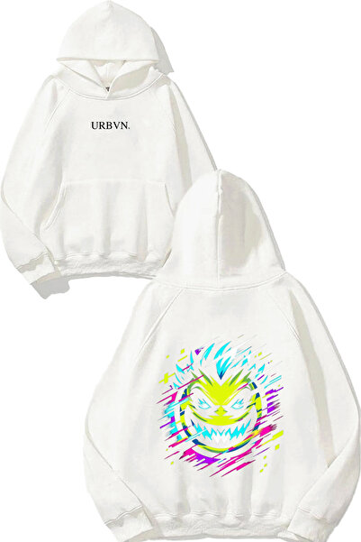 urbvn تصميم كيلر فيس مطبوع قصة فضفاضة سويت شيرت أبيض بغطاء رأس