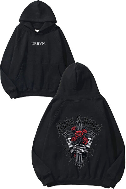 urbvn سويت شيرت Guns N Roses Rose Design مطبوع قصة فضفاضة أسود بغطاء رأس