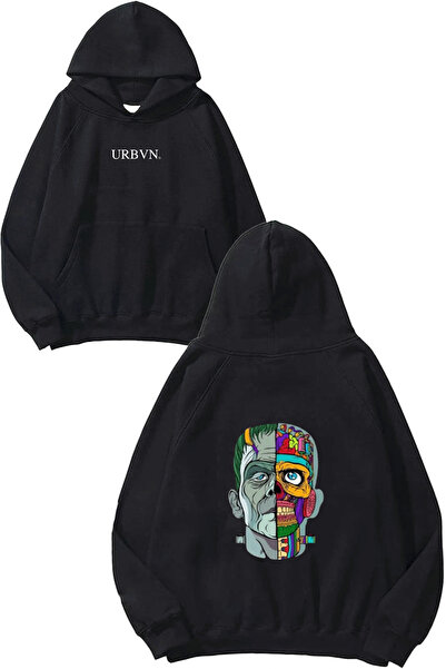 urbvn Frenkeistain Skull Design Printed Oversized Black Hooded Sweatshirt