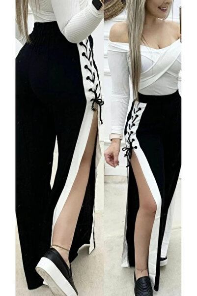 nedo7 Women's High Waist Side Cross Lace-Up Slit Viscose Two Thread Pants