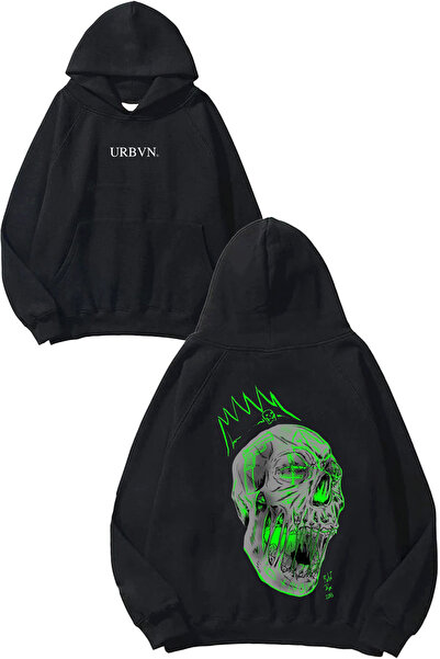 urbvn تصميم King Skull مطبوع قصة فضفاضة سويت شيرت أسود بغطاء رأس