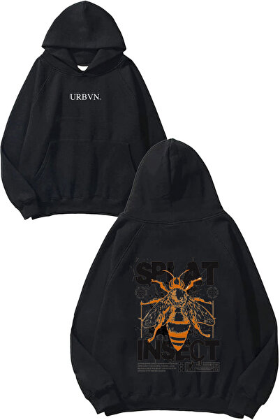 urbvn Splat Bee Design Printed Oversized Black Hooded Sweatshirt
