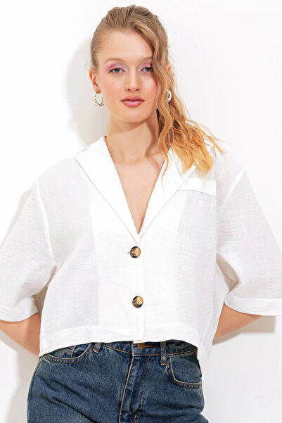 nedo7 White Double Button Oversize Crop Linen Jacket 0706