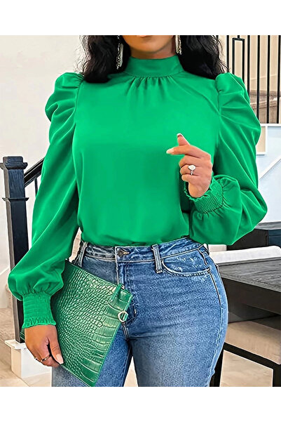 nedo7 Women's Long Sleeve Turtleneck Tie Back Balloon Shoulder Imported Crepe Blouse