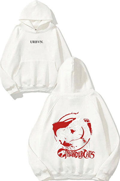 urbvn تصميم ثاندر كات مطبوع قصة فضفاضة سويت شيرت أبيض بغطاء رأس