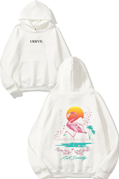 urbvn سويت شيرت فلامينجو ديزاين مطبوع قصة فضفاضة أبيض بغطاء رأس