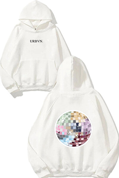 urbvn تصميم كرة الديسكو الملونة مطبوع قصة فضفاضة سويت شيرت أبيض بغطاء رأس