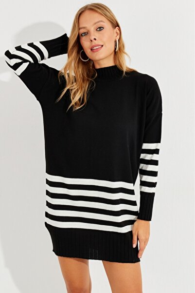 Be Best Women's Black Knitwear Striped Tunic Be275