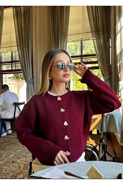FİFTY ONE Burgundy Knitwear Cardigan with Heart Button Detail