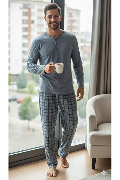 Huq Moda Erkek İndigo Düğmeli Pijama Takımı | Ekoseli Alt, Premium Rahat Kesim, Şık Ev & Uyku Giyim