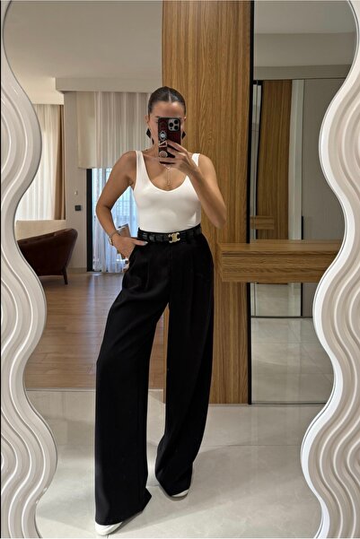 mrc Siyah Gold Düğmeli Beli Lastikli Premium Palazzo Pantolon