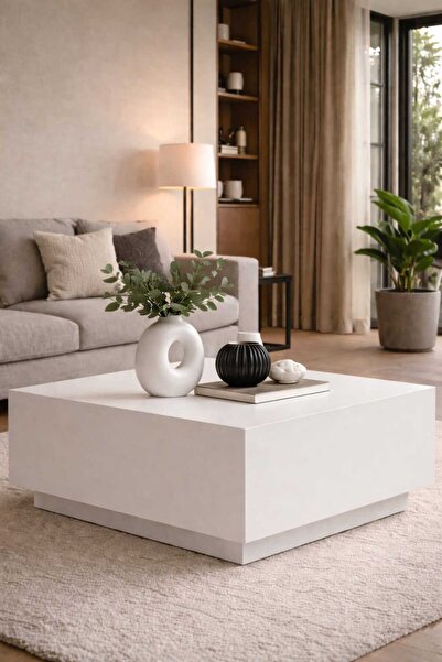 Woody Home Beyaz Orta Sehpa, Kare Orta Sehpa, Küp Sehpa, Salon Dekorasyon, Mo...