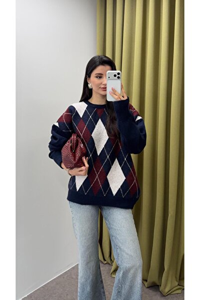 HAZELANNA Navy Blue Diamond Sweater