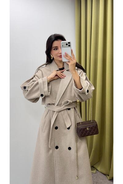 HAZELANNA Siyah Düğmeli Kuşaklı Premium Kaban