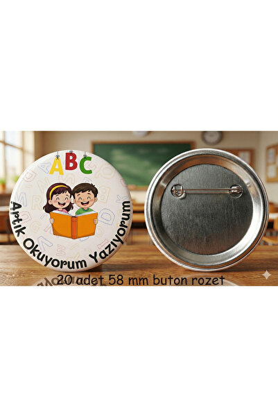 Bee Craft Co 20 Adet Artık Okuyorum Yazıyorum Rozeti 58mm İğneli Okuma Bayram...