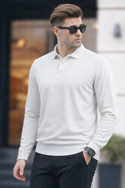 COMBİNE MİCHAİL Men's Polo Neck Knitwear White Loose Basic Sweater