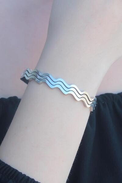BUTİK AYVİTRİN 316L Anti-Tarnish Steel Silver Color Wave Model Handcuffs Women's Bracelet