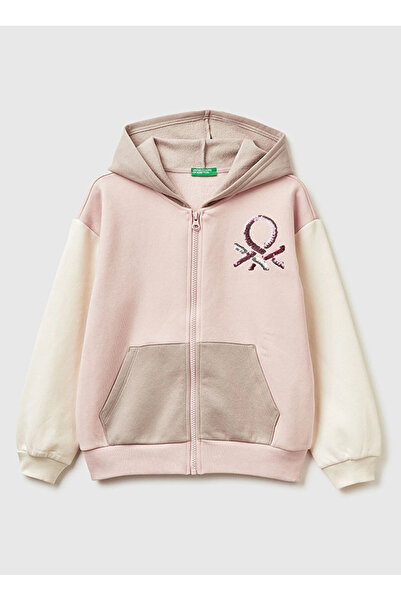 Benetton Krem - Pembe Kız Çocuk Payetli Sweatshirt 39M2C505O