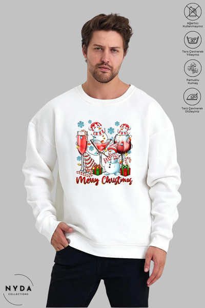 Nyda Collections Unisex Long Sleeve Snowman New Year Printed Crew Neck Hoodless Fleece-Lined Oversized Sweatshirt