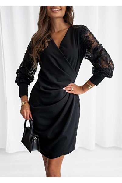 JANES Women's Long Sleeve Double-Breasted Collar with Front Cross Detail Sleeves with Flower Lace Detail Mini Imported K