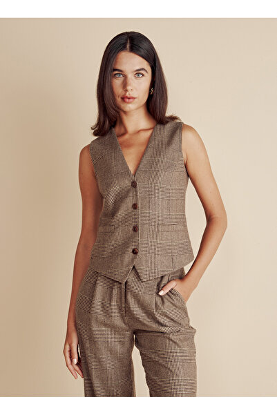 BROOKS BROTHERS Kahve - Bej Kadın Yelek Ekose Desenli Yün Yelek