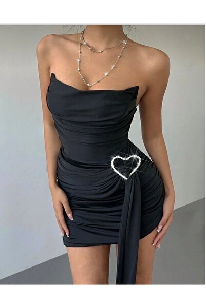 eclatant boutuqie Kadın Siyah Straplez Drapeli Mini Abiye Elbise Yırtmaçlı As...