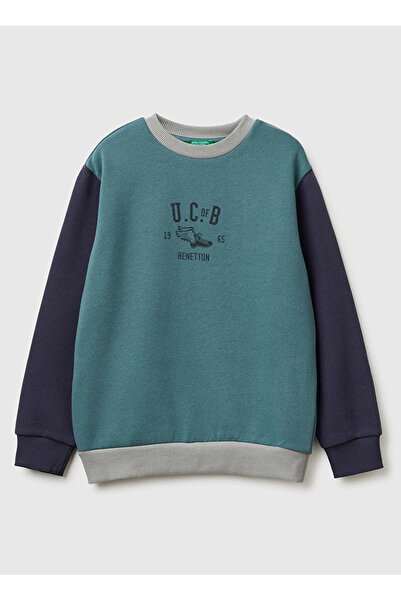 Benetton Koyu Yeşil - Gri Erkek Çocuk Baskılı Sweatshirt 3EB5C10R5