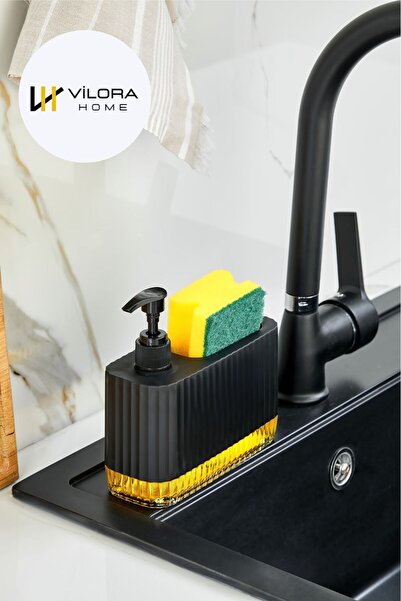 VİLORA HOME Şeffaf Tabanlı Modern Tezgah Üstü Sıvı Sabunluk-Sünger Hazneli (5...