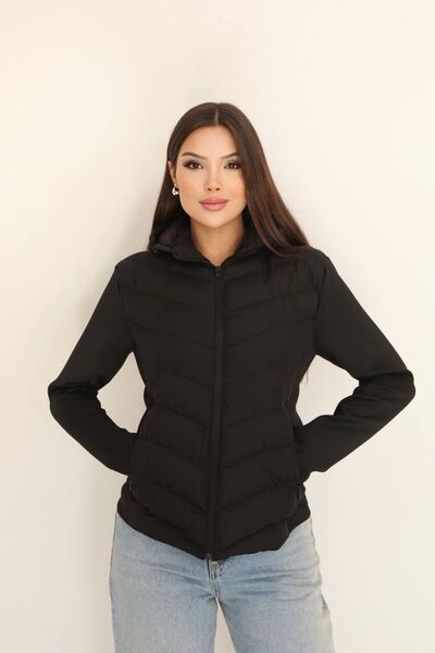 Gameyal Kadın Kapüşonlu Softshell Slim Fit Rüzgar Geçirmez Çift Cepli Şişme Mont