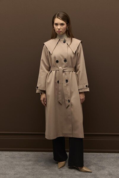 Merve Gültekin Elora Yaka Detaylı Pamuklu Gabardin Kruvaze Trençkot Vizon