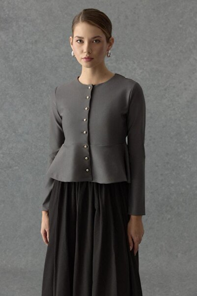 Merve Gültekin Çelik interlok Sık Düğmeli Volanlı Hırka Füme