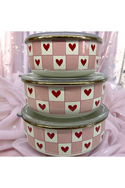 ALEV EMAYE Enamel Storage Container Set of 3 – with Gold Detailed Lid, Pink H...